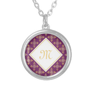 Luxury Monogram Purple and Gold Quatre Floral Silver Plated Necklace