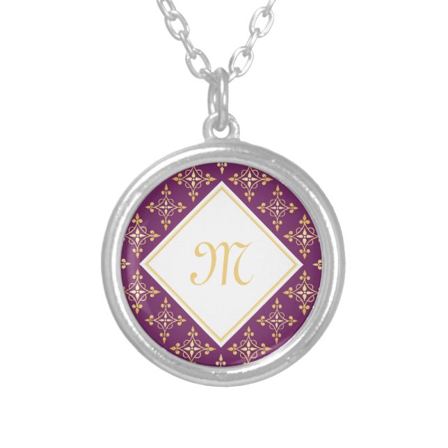 Luxury Monogram Purple and Gold Quatre Floral Silver Plated Necklace (Front)