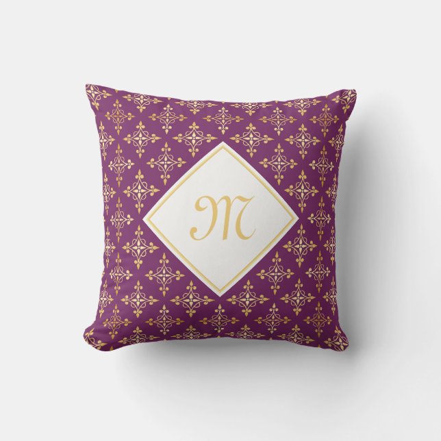 Luxury Monogram Purple and Gold Quatre Floral Throw Pillow (Front)