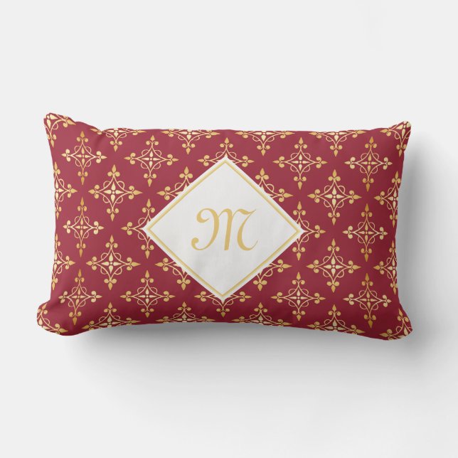 Luxury Monogram Red and Gold Quatre Floral Lumbar Pillow (Front)