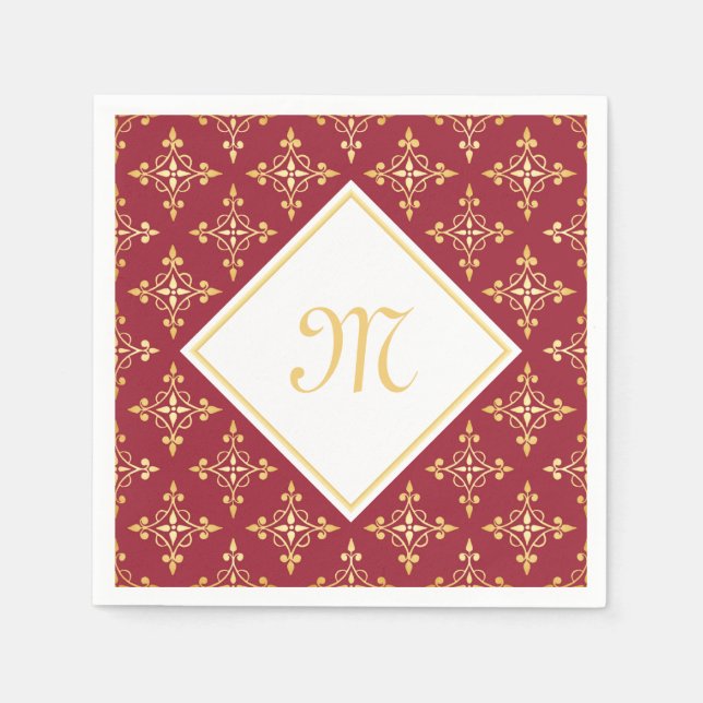 Luxury Monogram Red and Gold Quatre Floral Napkins (Front)