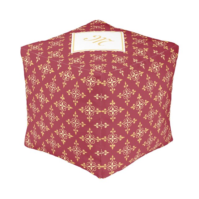 Luxury Monogram Red and Gold Quatre Floral Pouf (Angled Front)