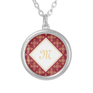 Luxury Monogram Red and Gold Quatre Floral Silver Plated Necklace