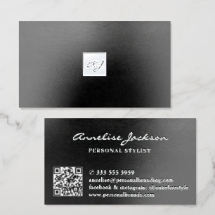 Luxury monogram silver foil black leather QR code Business Cards