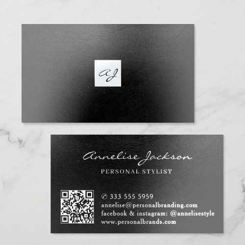 Luxury monogram silver foil black leather QR code Business Cards