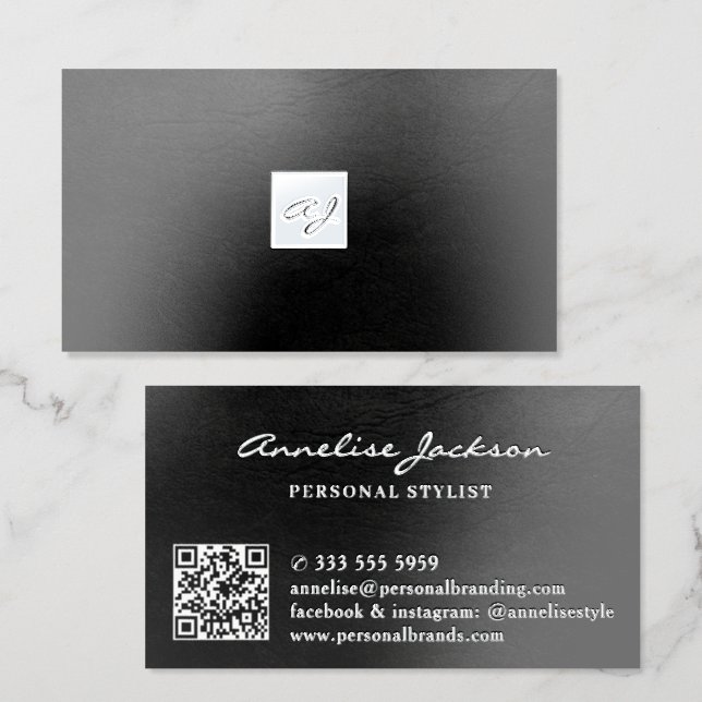 Luxury monogram silver foil black leather QR code  Business Cards (Front & Back)