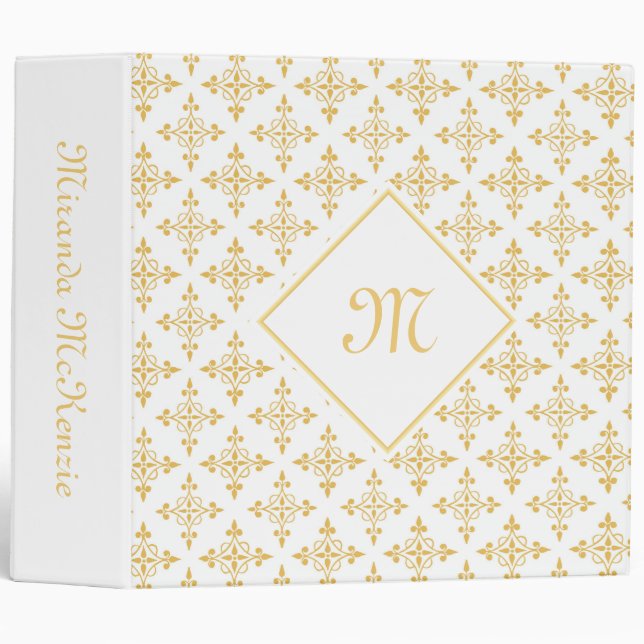 Luxury Monogram White and Gold Quatre Floral 3 Ring Binder (Front/Spine)