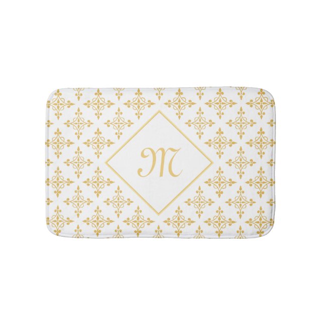 Luxury Monogram White and Gold Quatre Floral Bathroom Mat (Front)