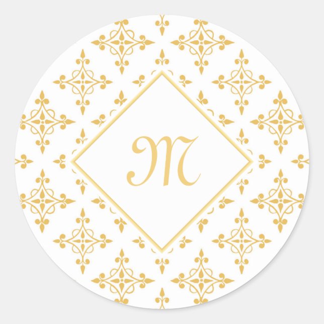 Luxury Monogram White and Gold Quatre Floral Classic Round Sticker (Front)