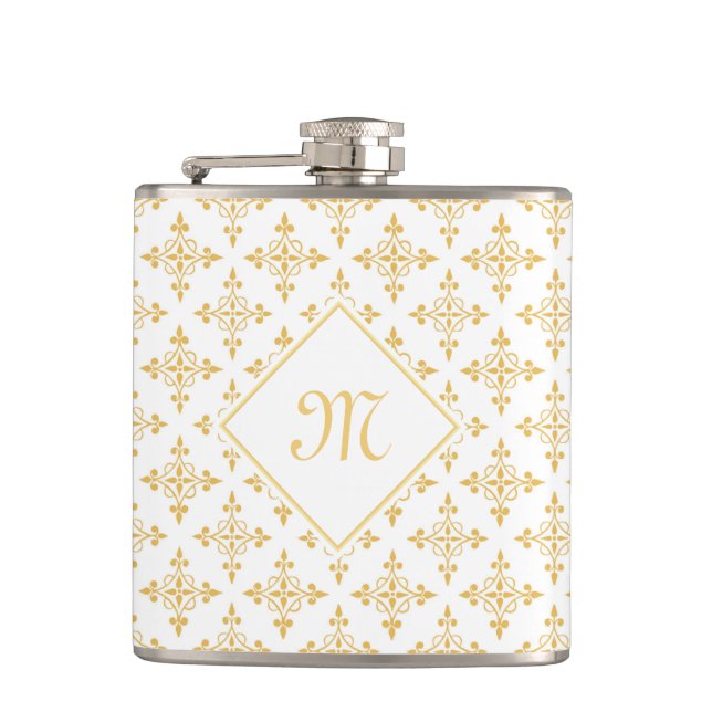 Luxury Monogram White and Gold Quatre Floral Flask (Front)