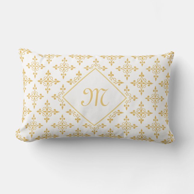 Luxury Monogram White and Gold Quatre Floral Lumbar Pillow (Front)