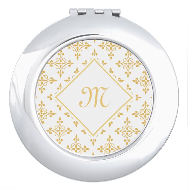 Luxury Monogram White and Gold Quatre Floral Makeup Mirror (Front)
