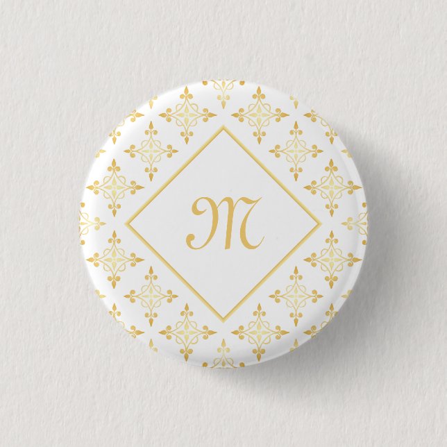 Luxury Monogram White and Gold Quatre Floral Pinback Button (Front)