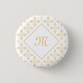 Luxury Monogram White And Gold Quatre Floral Pinback Button by ohsogirly at Zazzle