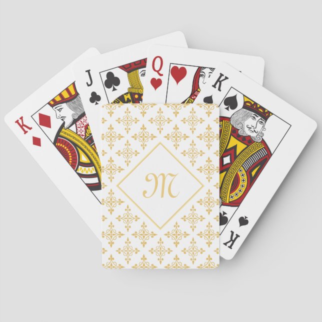 Luxury Monogram White and Gold Quatre Floral Poker Cards (Back)