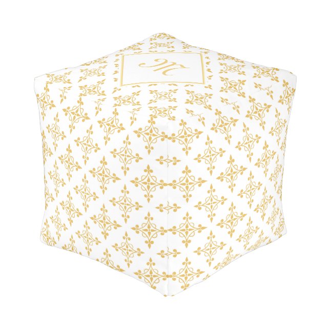 Luxury Monogram White and Gold Quatre Floral Pouf (Angled Front)