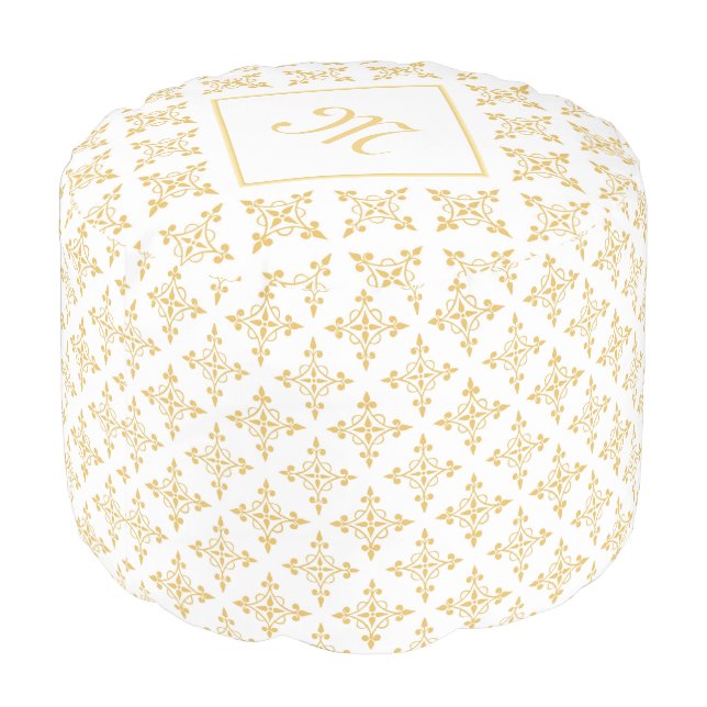 Luxury Monogram White and Gold Quatre Floral Pouf (Angled Back)