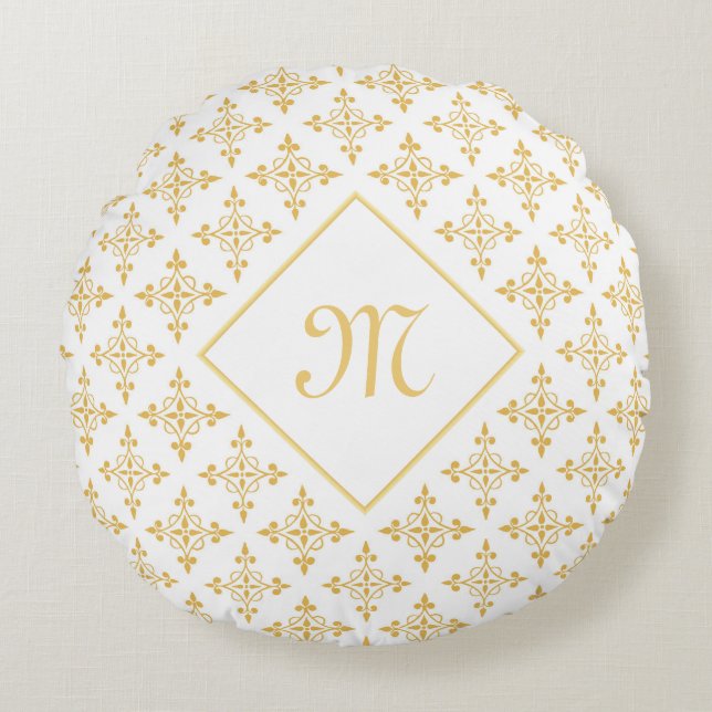 Luxury Monogram White and Gold Quatre Floral Round Pillow (Front)