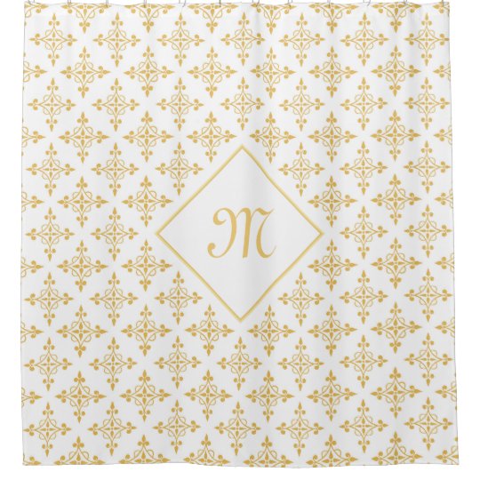 Luxury Monogram White and Gold Quatre Floral Shower Curtain