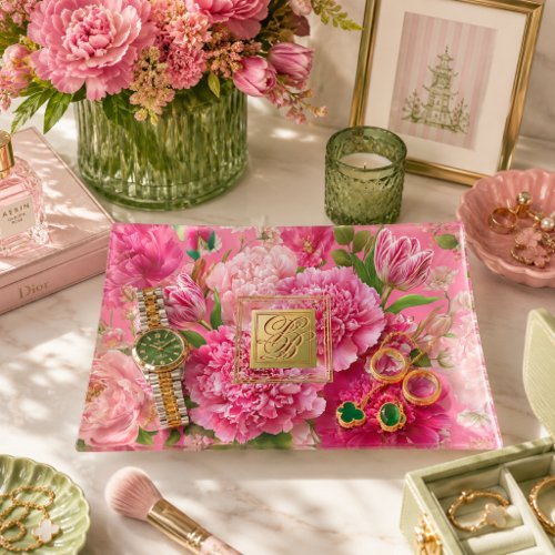 Luxury Monogrammed Pink Garden Floral Trinket Tray