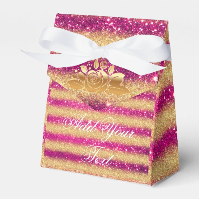 Luxury Monogrammed Popular Pink Gold Glitter Favor Boxes (Front Side)