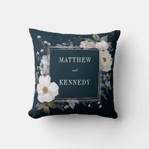 Luxury Moody Indigo Blue White Floral Gold Frame Throw Pillow