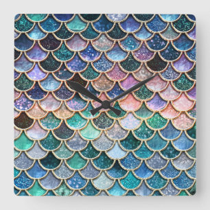 Luxury multicolor Glitter Mermaid Scales Square Wall Clock