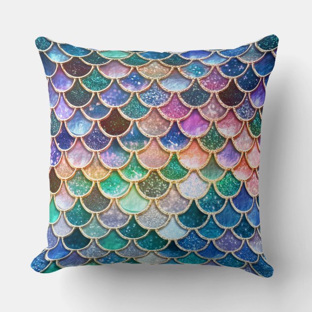 Luxury multicolor Glitter Mermaid Scales Throw Pillow (Front)