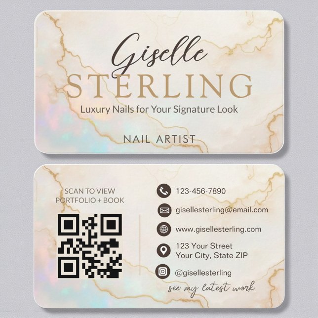 Luxury Nail Artist Pearl Opal Gold Script Business Card (Creator Uploaded)