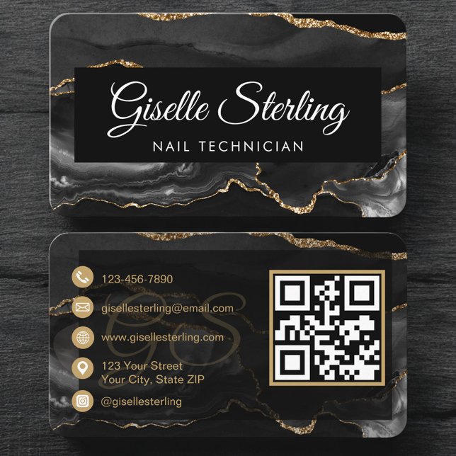 Luxury Nail Technician Black Gold QR Code Business Card (Creator Uploaded)