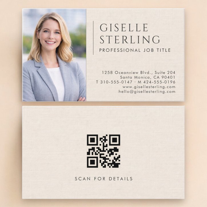 Luxury Natural Ivory Linen Photo QR Code Business Card