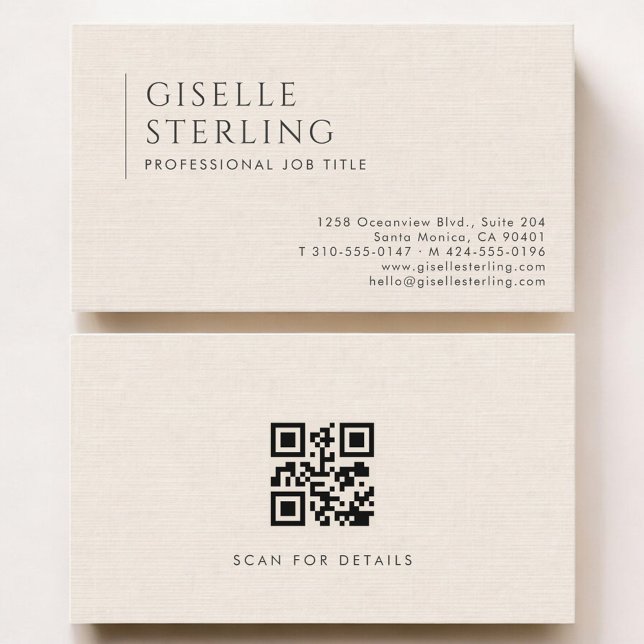 Luxury Natural Ivory Linen QR Code Business Card (Creator Uploaded)