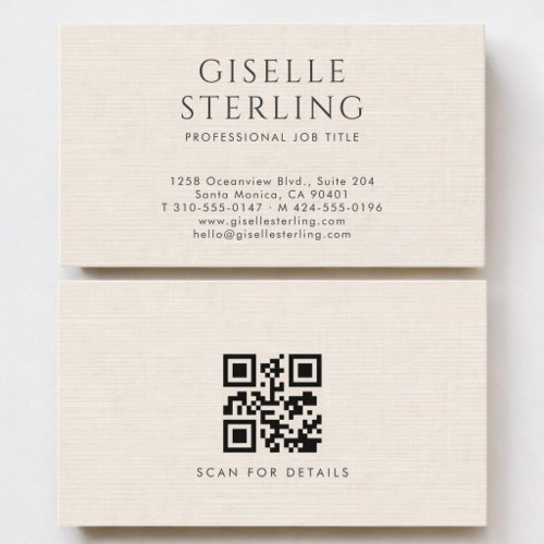 Luxury Natural Neutral Ivory Linen QR Code Business Card