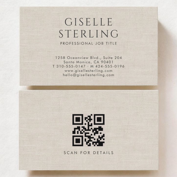 Luxury Natural Neutral Linen QR Code Business Card