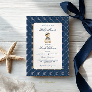 Luxury Nautical Teddy Bear Baby Shower Boy Invitation