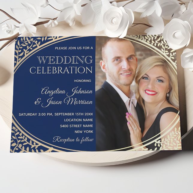 Luxury Navy and Gold Photo Wedding Invitation (Creator Uploaded)