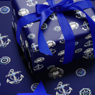 Luxury Navy and Pearl White Nautical Themed Wrapping Paper