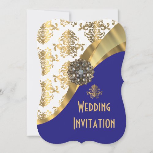 Luxury navy blue and gold damask wedding invitation