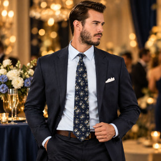 Luxury Navy Blue and Gold Floral Seamless Pattern Neck Tie
