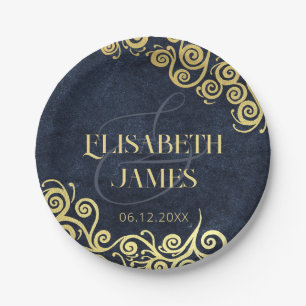 Luxury Navy Blue And Gold Flourish Winter Wedding Paper Plates