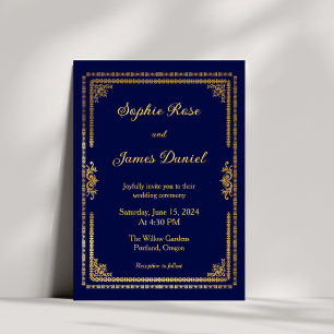 Luxury Navy Blue and Gold Frame Wedding Invitation