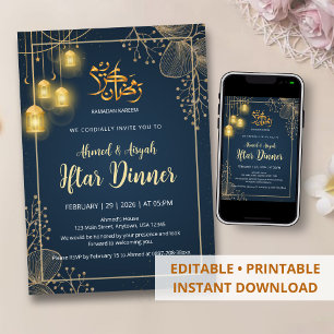 Luxury Navy Blue and Gold Glitter Frame Iftar  Invitation
