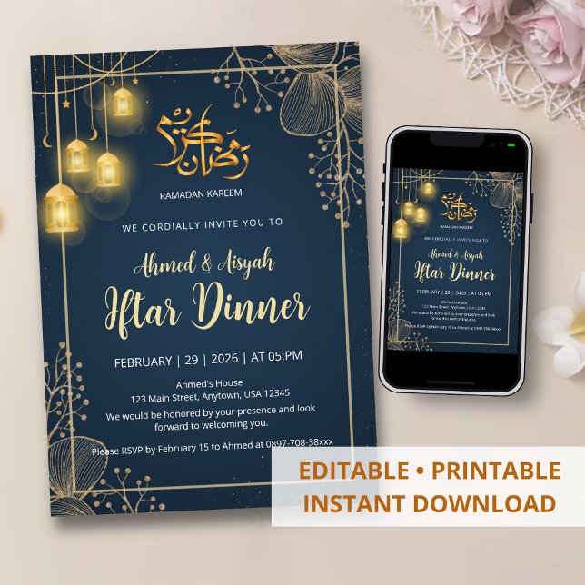 Luxury Navy Blue and Gold Glitter Frame Iftar  Invitation (Creator Uploaded)