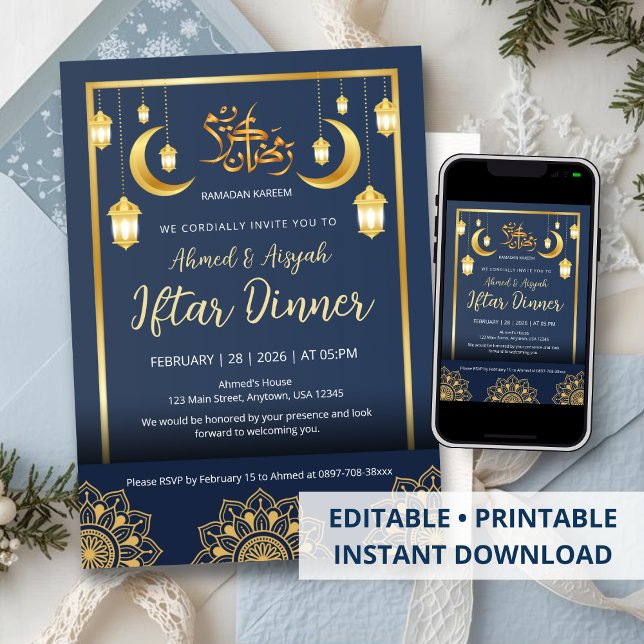 Luxury Navy Blue and Gold Mandala Iftar Dinner Invitation (Creator Uploaded)
