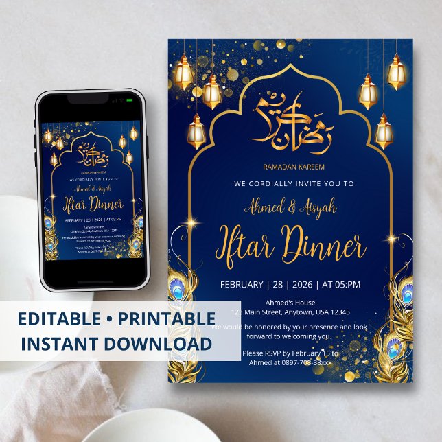 Luxury Navy Blue and Gold Peacock Ramadan Iftar Invitation (Creator Uploaded)