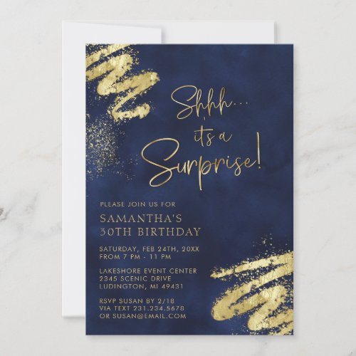 Luxury Navy Blue and Gold Surprise Birthday Party Invitation