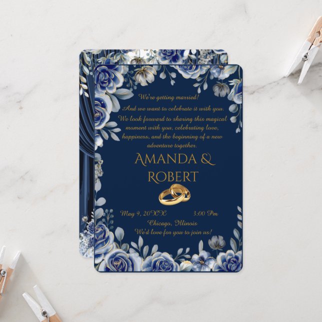 Luxury Navy Blue and Gold Wedding Invitation with  (Front/Back In Situ)