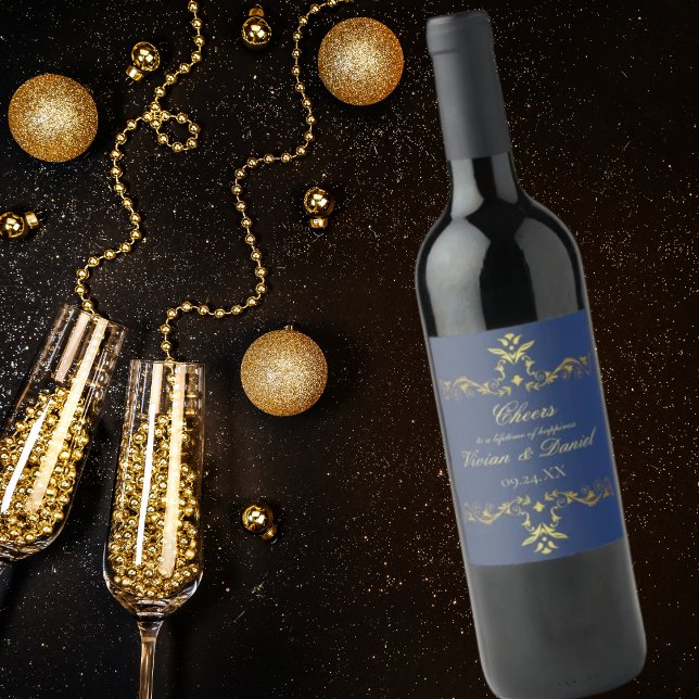 Luxury Navy Blue and Gold Wedding Wine Bottle Labe Wine Label (Creator Uploaded)