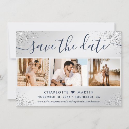 Luxury Navy Blue and Silver Glitter Wedding Photo Save The Date