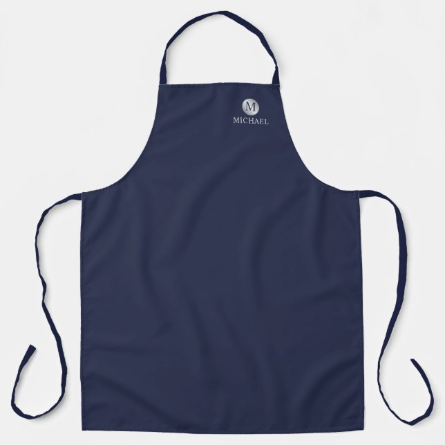 Luxury Navy Blue and Silver Personalized Monogram Apron (Front)